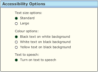 Picture of accessibility options for font size and colour plus background colour